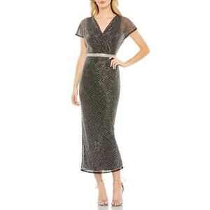 Mac Duggal Beaded Wrap V-Neck Short Sleeve Dress Black Silver Women's Size 6 NWT